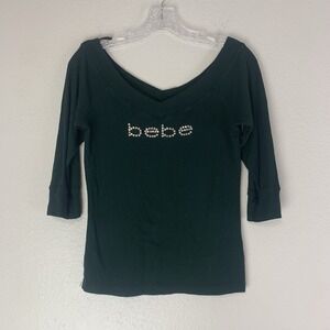 Bebe Rhinestone Logo Top Large Ribbed Knit V Neck Stretch Y2K Green 3/4 Sleeve